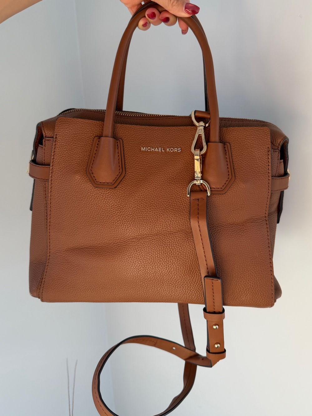 Michael Kors Mercer belted satchel crafted from tan pebbled leather